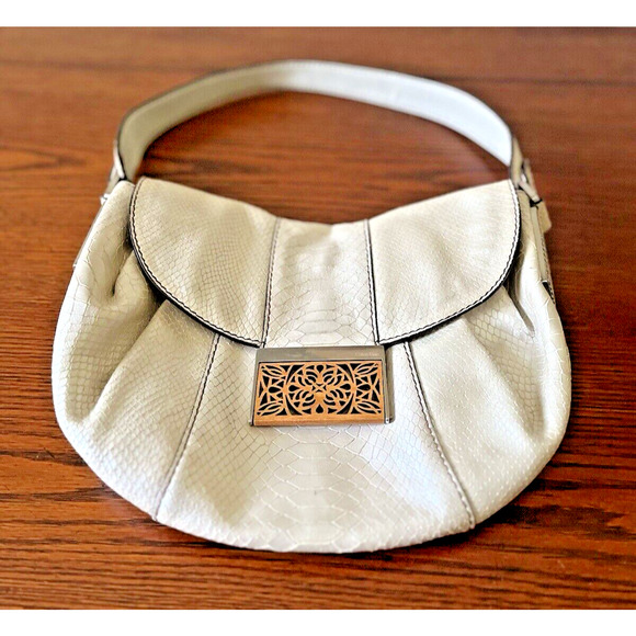 Calvin klein Basketweave Boho Bag Handbag Faux Snake Skin Ivory Beige Iridescent - Picture 8 of 9